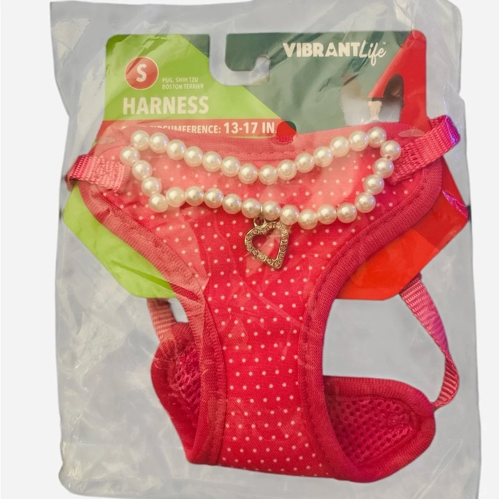 Vibrant Life Pink Polka Dot Dog Harness With Pearl Necklace